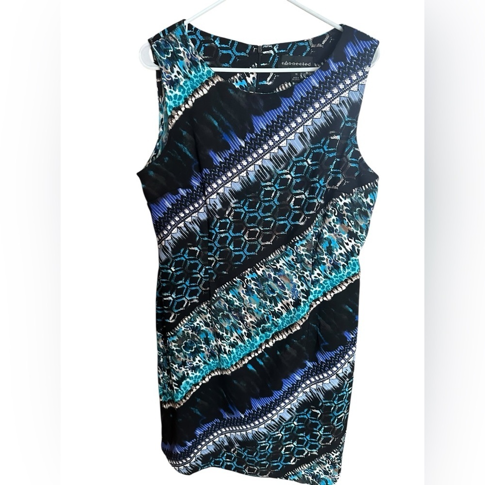Connected Apparel Blue and Black Patterned Midi Dress